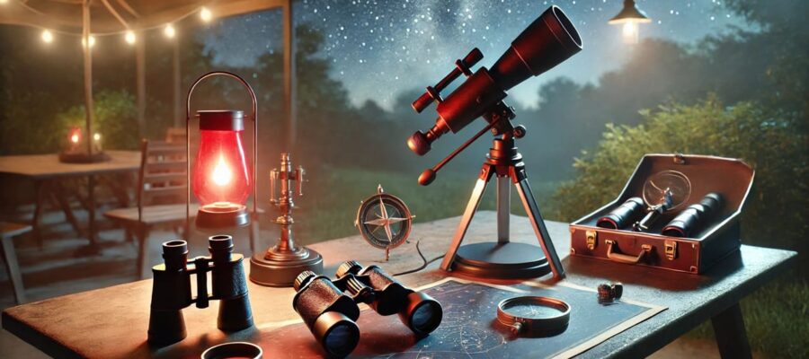 Astronomie-Zubehör auf einem Tisch unter klarem Nachthimmel