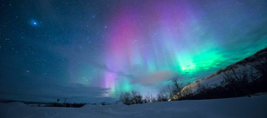 Polarlichter am Nachthimmel in Norwegen, leuchtend in Grün und Violett