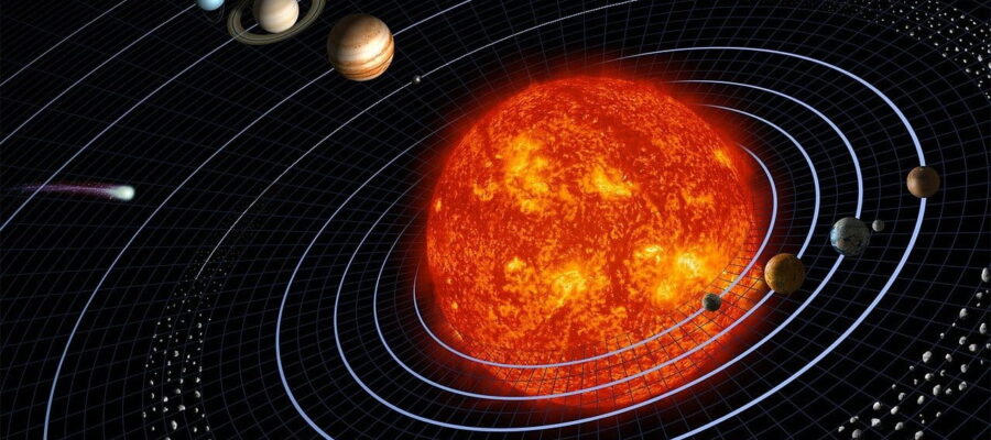 Sonnensystem mit Sonne, Planeten und Asteroiden