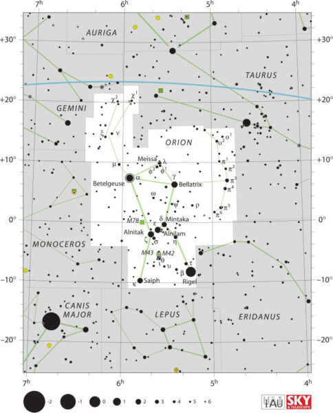 Orion-Nebel – Position im Sternbild Orion Sternenkarte des Orion-Nebels und seiner Position im Sternbild Orion