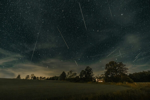 Meteorschauer: Sternschnuppen-Nacht über der Natur Sternenklarer Nachthimmel mit Meteorschauer und leuchtenden Sternschnuppen über einer Waldlandschaft