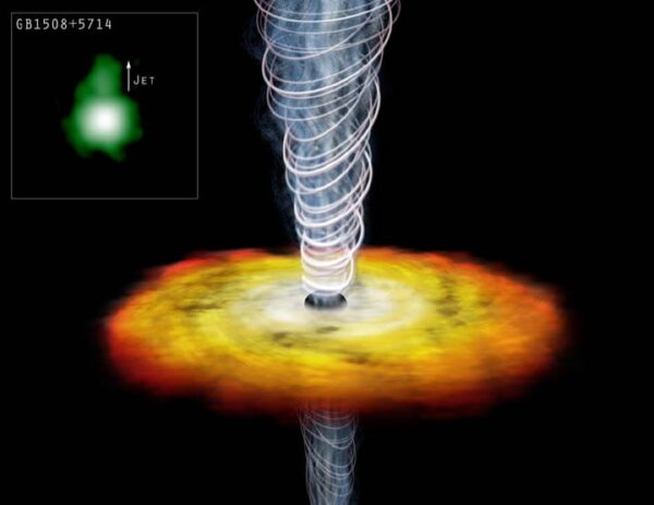 Quasar GB 1508+5714 – Simulation und Chandra-Röntgenbild Künstlerische Darstellung des Quasars GB 1508+5714 mit Akkretionsscheibe und Jet, ergänzt durch eine echte Chandra-Röntgenaufnahme.