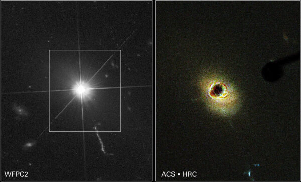 Quasar durch Hubble-Teleskop beobachtet – Faszinierende Aufnahme Quasar aufgenommen vom Hubble-Weltraumteleskop, mit sichtbarem Lichtstrahl und Strukturen der Galaxie.