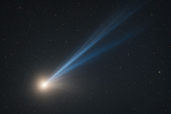 Warum leuchten Kometenschweifen? – Sichtbares Licht durch Staub und Plasma im All Leuchtende Kometenschweifen mit blauem Plasmaschweif und hellem Staubschweif vor Sternenhimmel