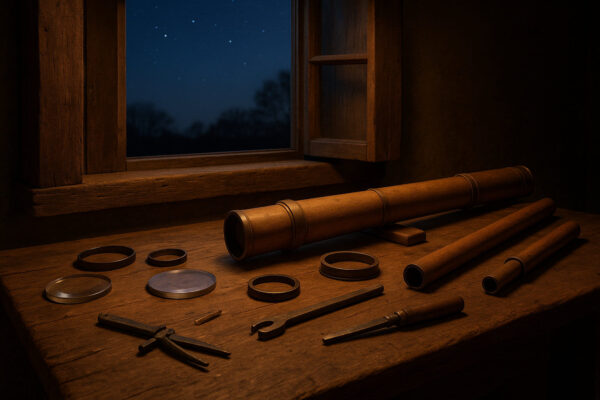 Historische Werkbank mit frühen Bauteilen eines Fernrohrs zur Entstehungszeit der ersten Teleskope.