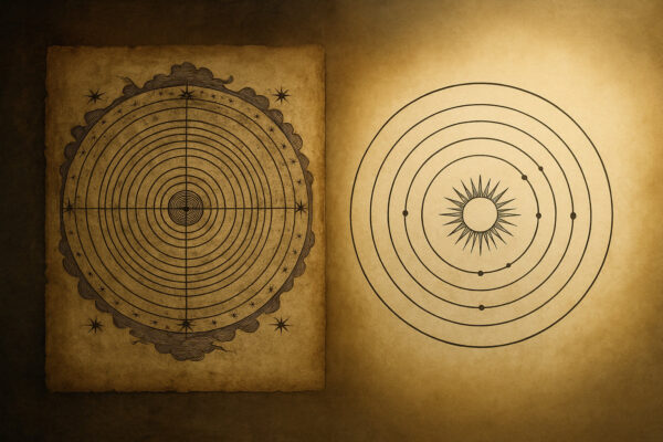 Geozentrisches und heliozentrisches Weltbild im direkten Vergleich als historische Illustration.