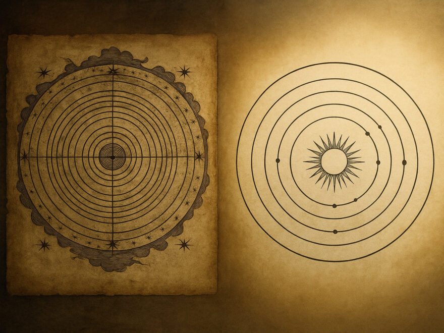 Geozentrisches und heliozentrisches Weltbild im direkten Vergleich als historische Illustration.