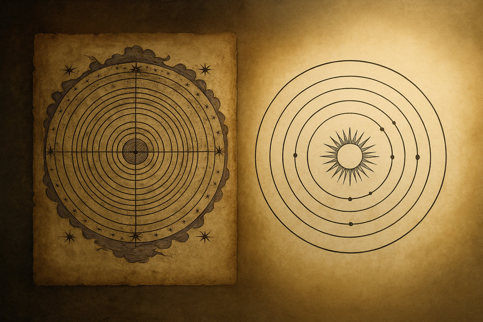 Heliozentrisches Weltbild: Wie das Fernrohr die wahre Struktur unseres Sonnensystems enthüllte 1 Geozentrisches und heliozentrisches Weltbild im direkten Vergleich als historische Illustration.