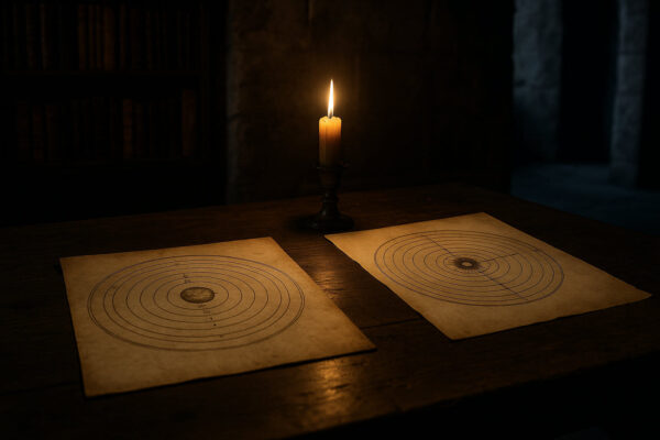 Historische Darstellung des Konflikts zwischen geozentrischem und heliozentrischem Weltbild mit Dokumenten und Kerzenlicht.