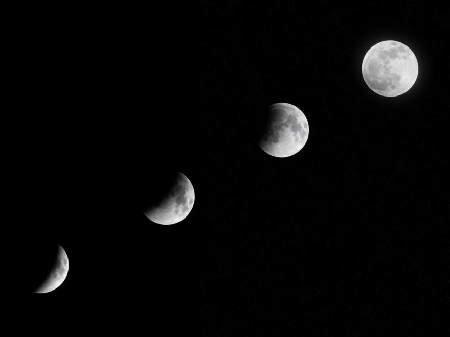 Mondphasen in mehreren Aufnahmen von zunehmender Sichel bis Vollmond